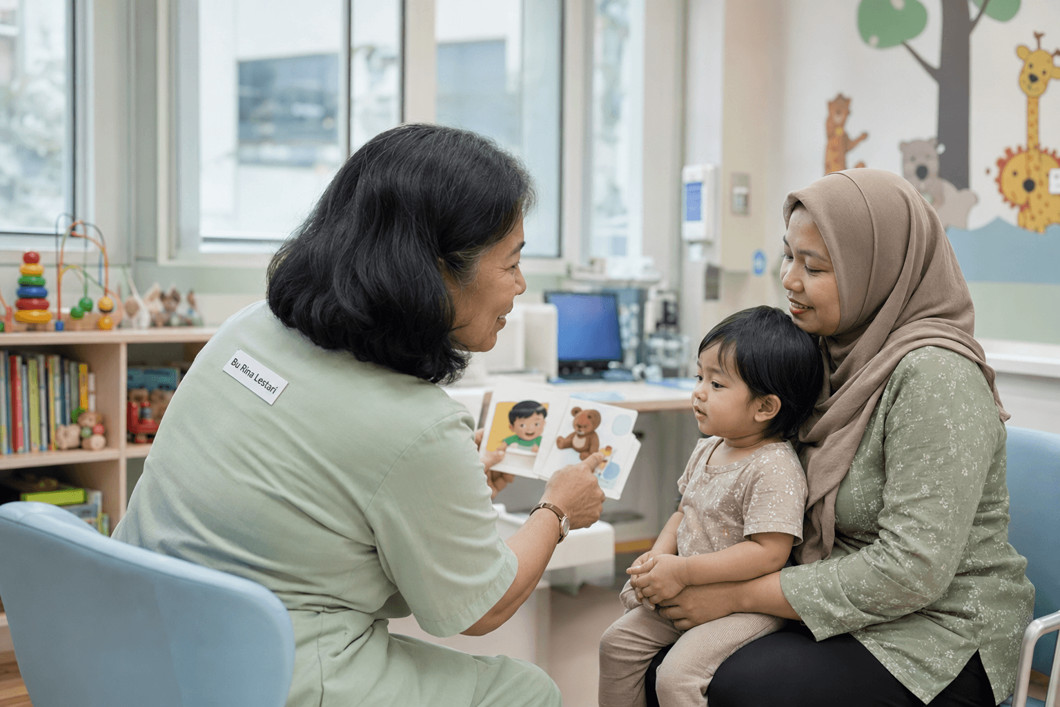 Bu Rina Lestari membimbing ibu bapa dan kanak-kanak dalam sesi perkembangan awal