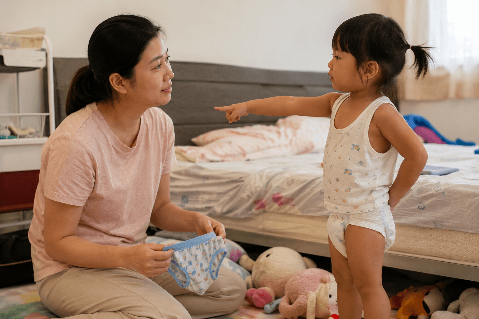 Anak meminta lampin ketika ibu menyediakan pakaian